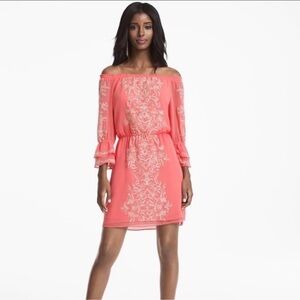 White House Black Market Boho Coral Off The Shoulder Embroidered Dress Medium